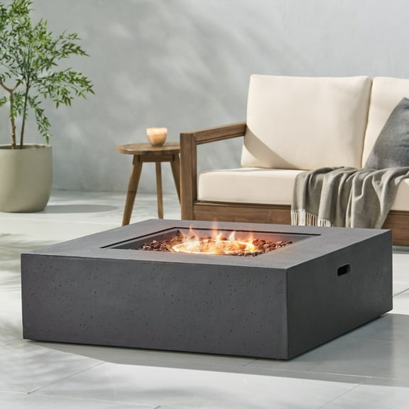 50,000 BTU Square Concrete Propane Fire Pit Table Outdoor Patio Heater with Lava Rocks for Backyard Gatherings