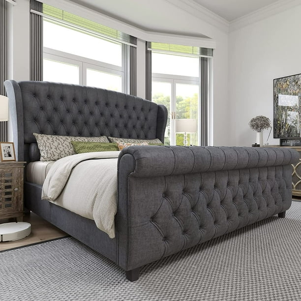 AMERLIFE King Size Platform Bed Frame, Velvet Upholstered Sleigh Bed