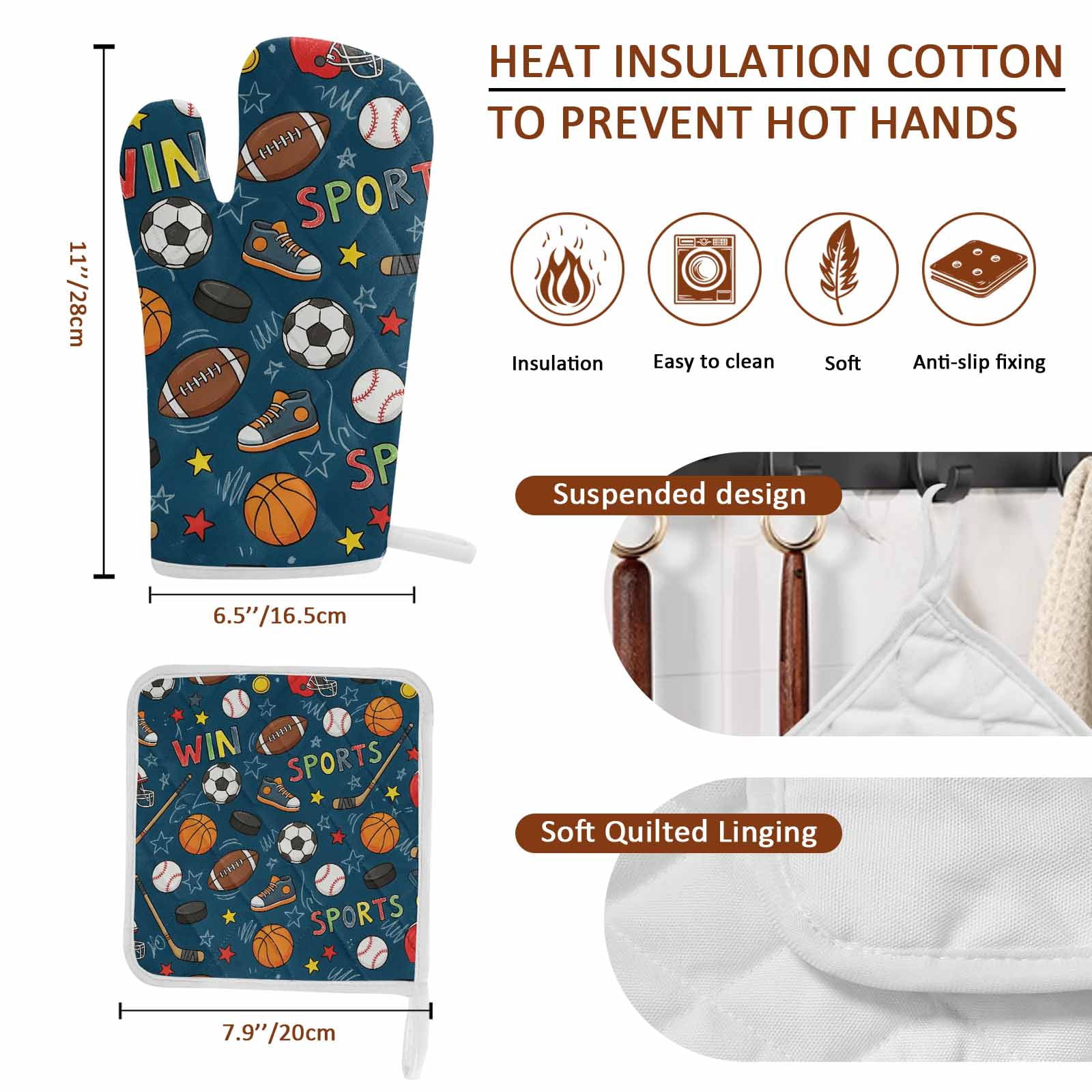 Oven Mitts and Pot Holder Set for Kitchen, Sports Balls Kitchen Oven Gloves Heat Resistance Non-Slip Surface Basketball Football Baseball Rugby Ice Hockey Hot Pads Sets for Cooking Baking BBQ