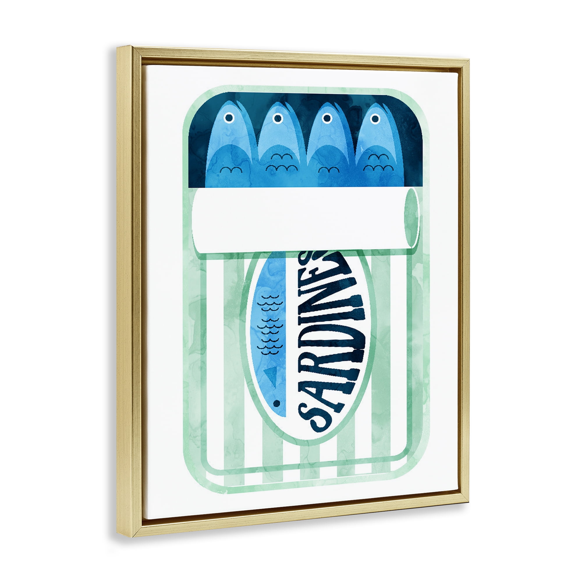 Green Stripe Sardine Tin Gold Framed Floater Canvas Wall Art, design by Daphne Polselli