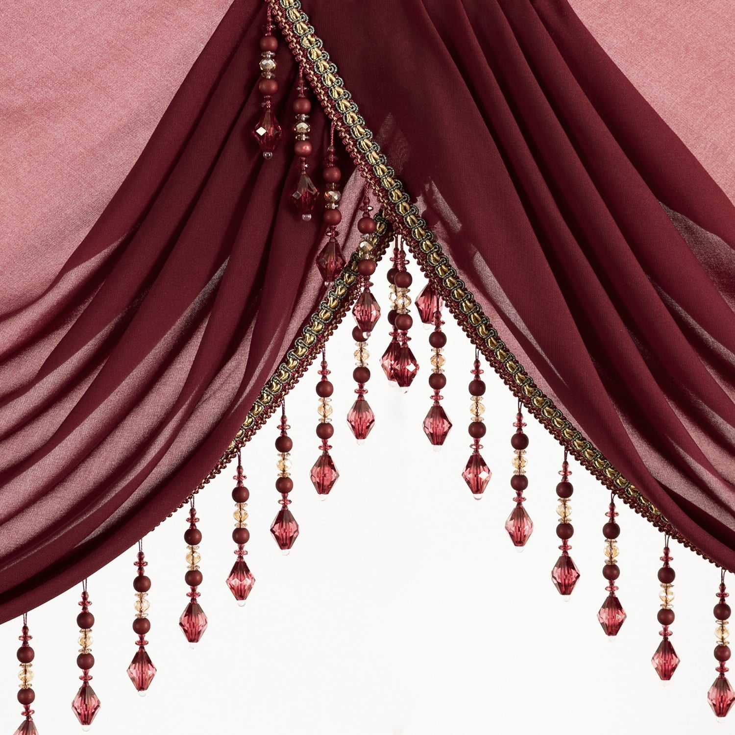 VOGOL Vintage Style Waterfall Valance, 39 inches Wide Soft Touch Sheer Drapes for Living Room, Classical Rod Pocket Silky Swag Valance with Handmade Tassels, Burgundy Red, 1 Panel