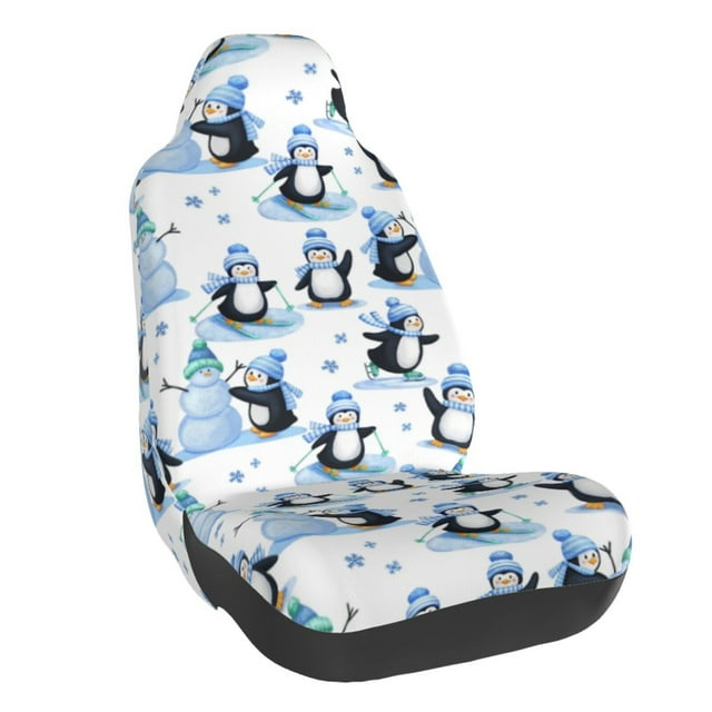 Wukai Playful Penguins and Snowmen Full Set Car Seat Covers with Soft Padding Universal Auto Front Seats Protector and Cushion Mat