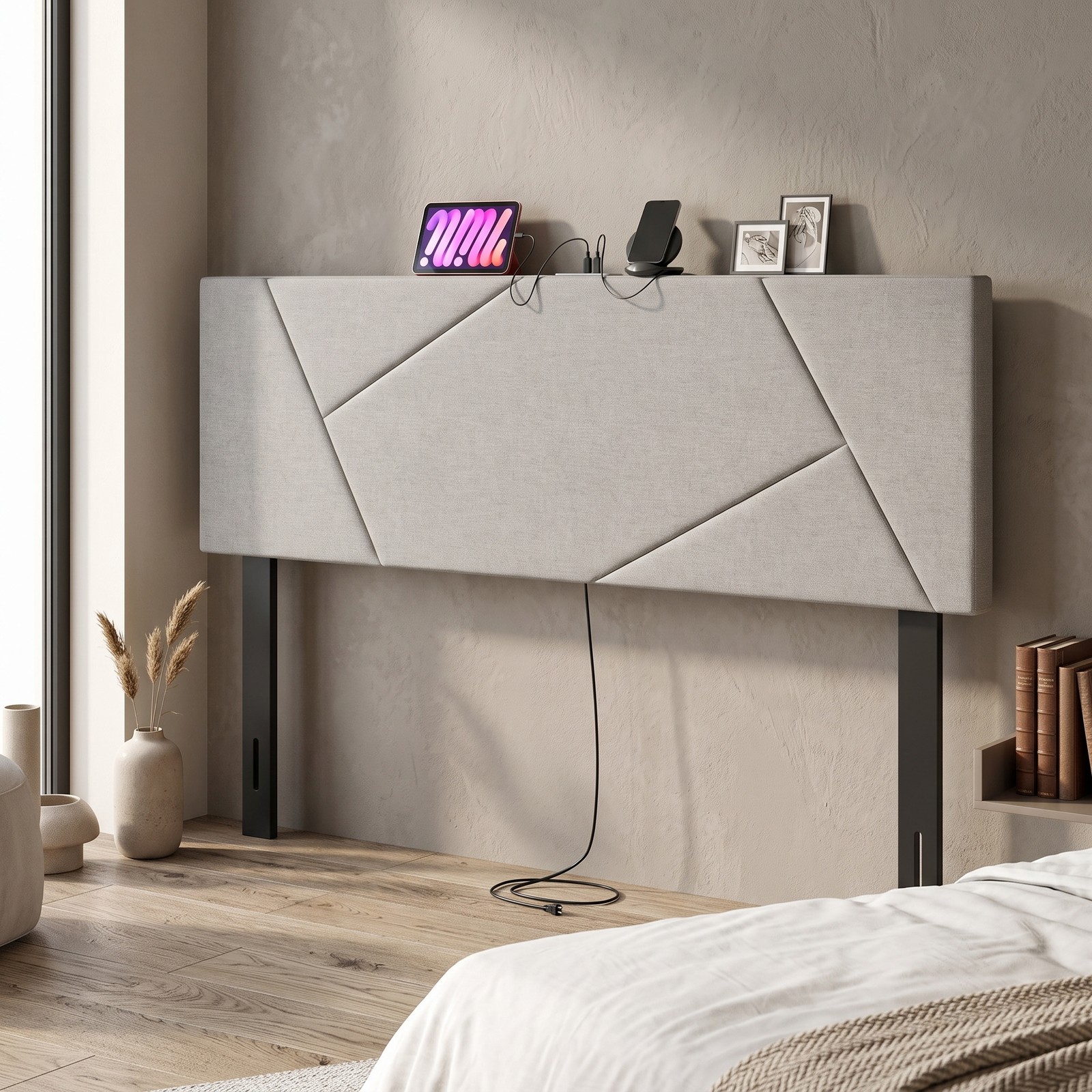 Furnibear Geometric Channel Upholstered Headboard with 2 AC Outlets and USB and Type-C Ports for Full and Queen Beds, Gray