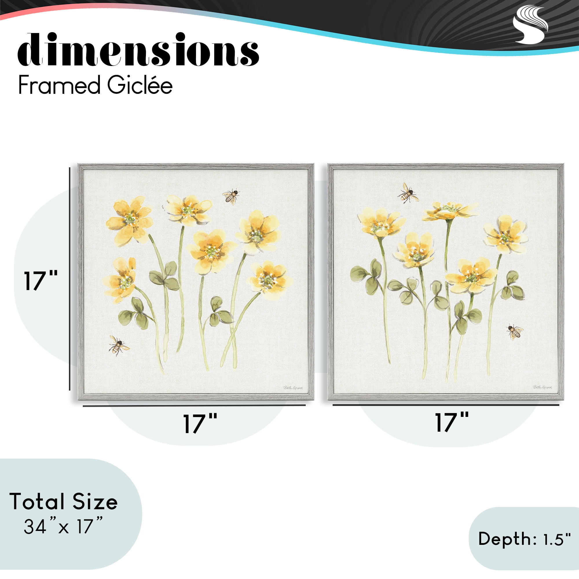 Stupell Industries Sweet Honey Flowers & Bees 2 Piece Gray Framed Giclee Art Set, design by Beth Grove