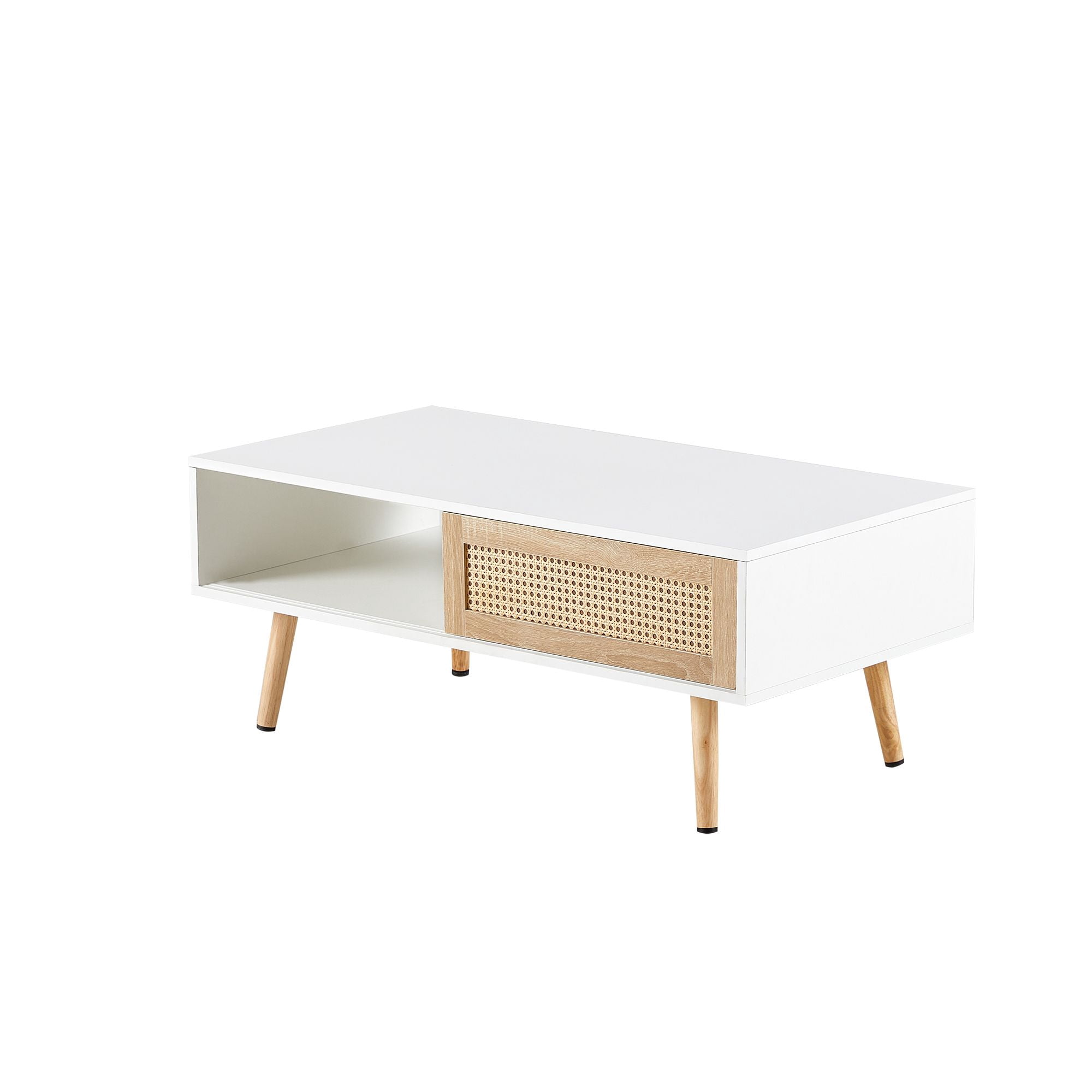 DEALTOPS Modern Coffee Table with 1 Sliding Rattan Door and Open Compartment, Stylish Coffee Table with Solid Wood Legs for Living Room - White