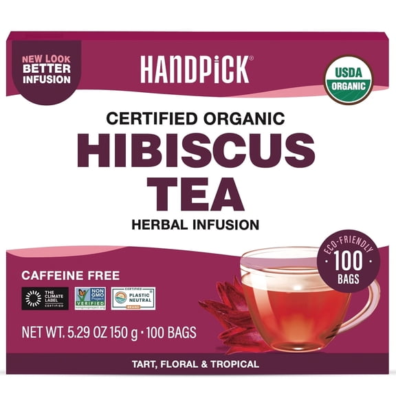 Handpick Organic Hibiscus Tea Bags, 100 Count, Caffeine-Free Herbal Tisane, Pure Dried Indian Hibiscus Flowers, Non-GMO & Eco-Conscious