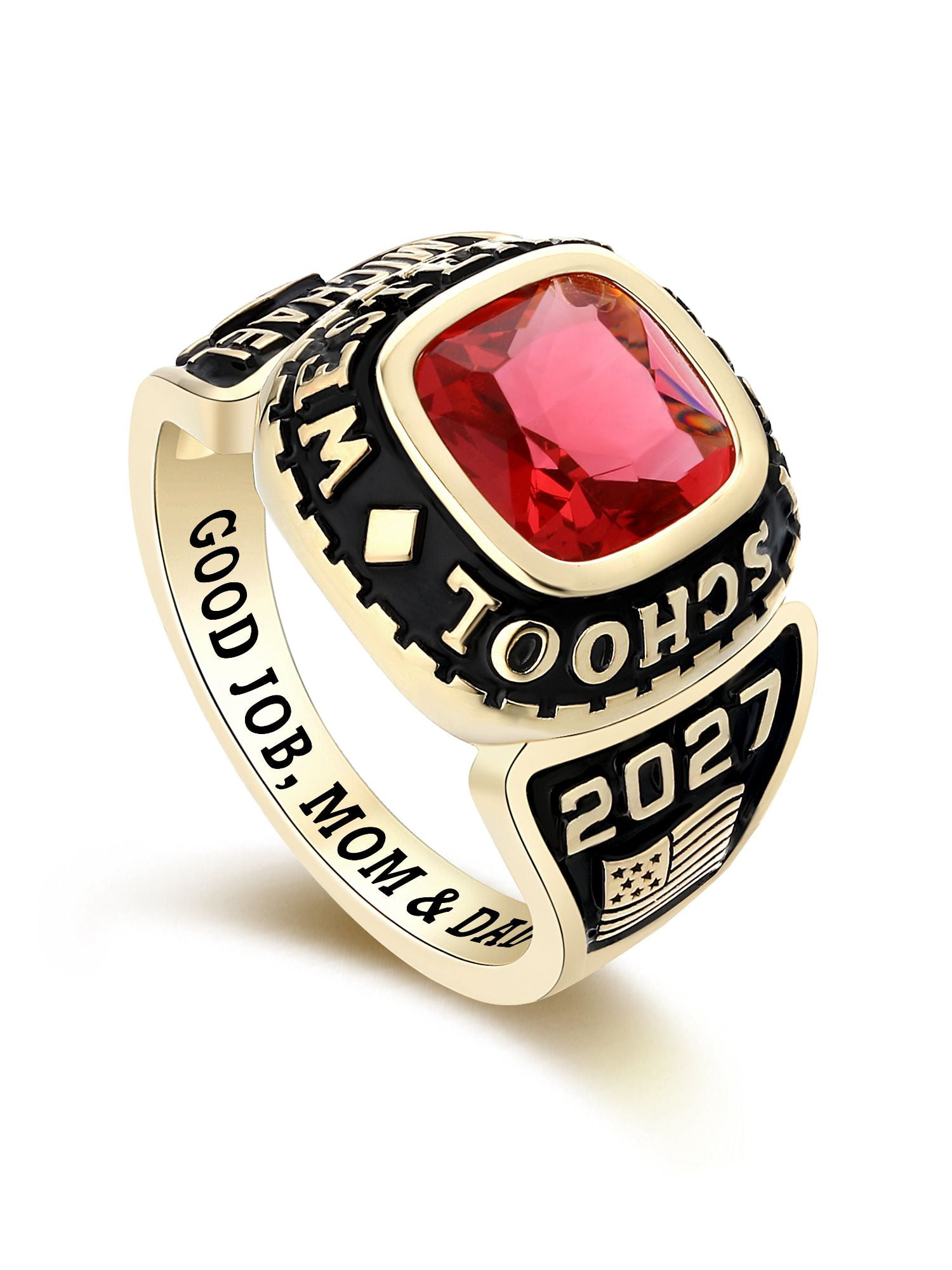 Mementos USA Custom Men's Class Ring Sterling Silver for High School & College-Gold Plated-Elite