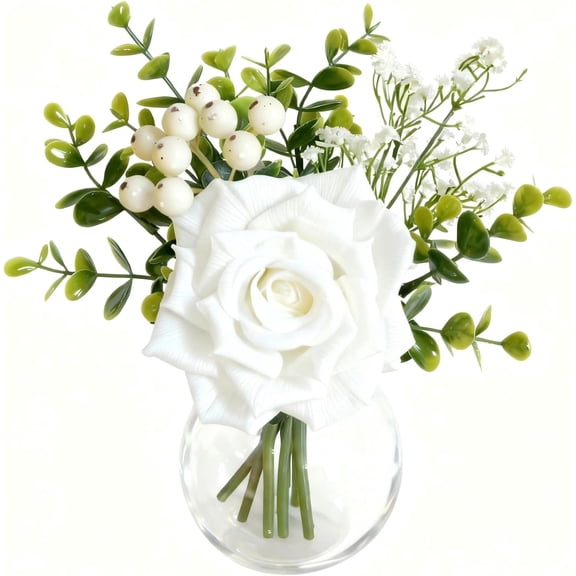 6 Pcs Artificial Flowers in Vase, Lifelike Fake Rose Eucalyptus Leaves & Baby Breath, Faux Flower Arrangements for Wedding Bride Bouquets , White