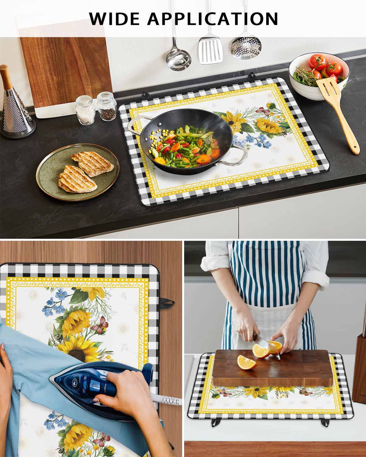 Large Induction Cooktop Protector Mat Sunflower Stove Top Covers for Electric Stove, Yellow Flowers Black White Plaid Farmhouse Botanical Decorative Stove Burner Cover Mats, Glass Top Stove Cover