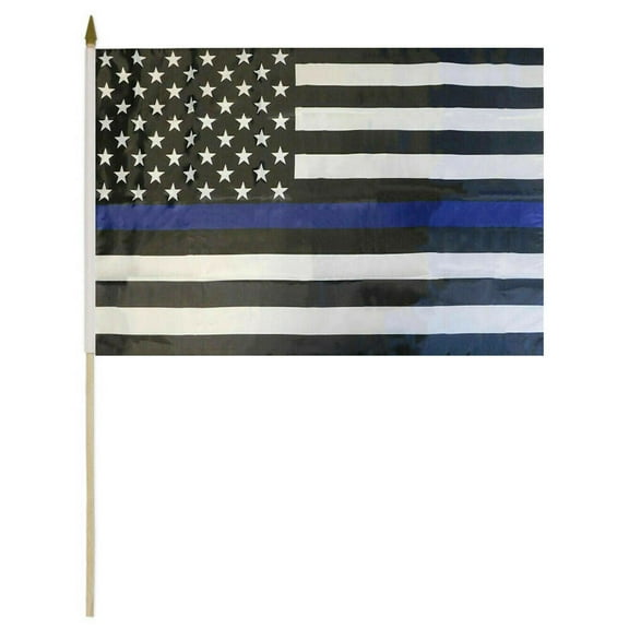 USA Thin Blue Line Police 12"x18" 68D Rough Tex Nylon Stick Flag 24" Staff