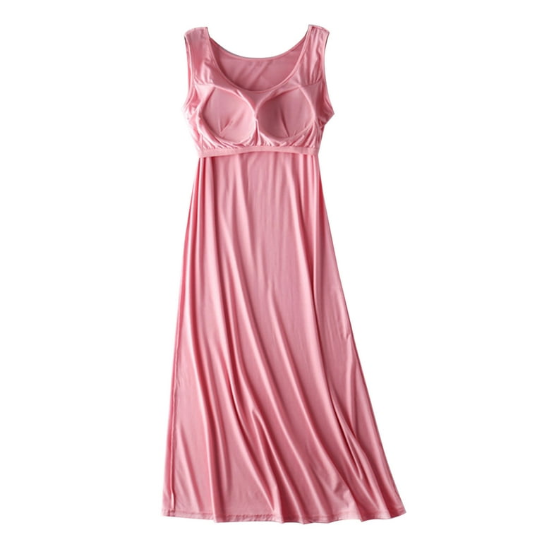 Nightgowns for Women Built in Bra Sleeveless Midi Pajama Dress Sleepwear  Lounge Long Dresses Solid Color Homewear (XX-Large, Pink)