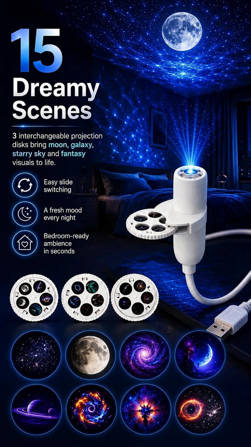 Uktrendzone Projector, Moon Galaxy Night Light for Bedroom | LED Starry Sky Lamp with 360 Degree Flexible Gooseneck, USB Powered Galaxy Light for Home Decor Sleep Mood Lighting(15 patterns)
