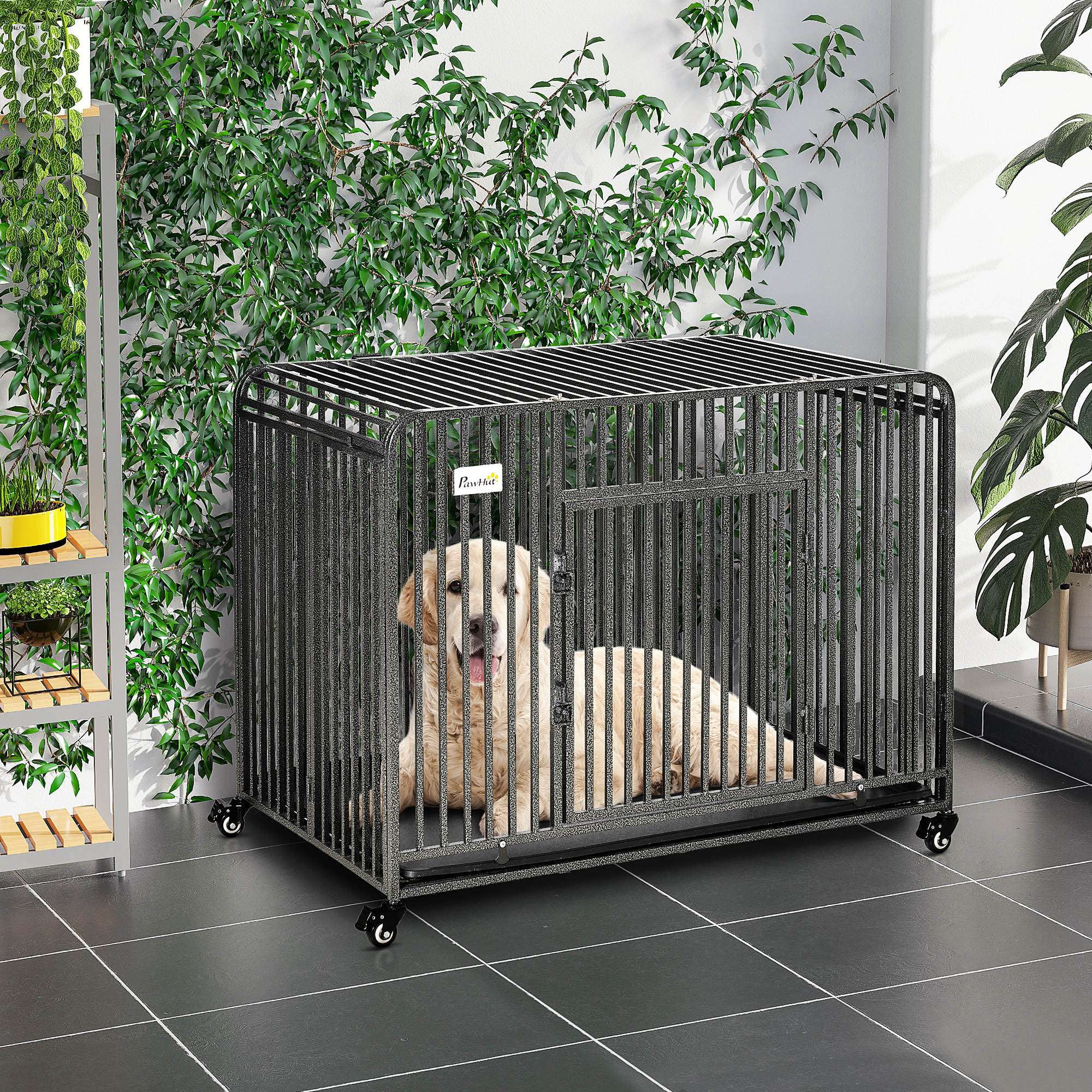 PawHut Heavy Duty Dog Crate Foldable Pet Kennel Cage with All Steel Frame Removable Tray 4 Locking Wheels for Medium Large Dogs Dark Silver Walmart