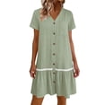 thumbnail image 6 of Ygbgbb Women's Linen-Blend Mini Dress, V-Neck Short Sleeve with Button Front & Lace Trim, Casual Summer Tunic Dress Green XXL, 6 of 8