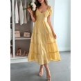 thumbnail image 4 of Women'S Summer Casual Midi Dress Puffy Short Sleeve V-Neck Smocked Tiered Ruffle Dresses Yellow XL, 4 of 5