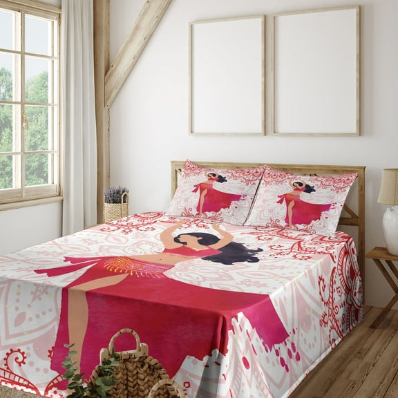 Ambesonne Oriental Fitted & Top Sheet Set with Shams, Belly Dancer Woman, Pink Vermilion