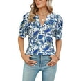 thumbnail image 2 of TEMOFON Women Tops Summer Tunic V Neck Blouse Fashion Paisley Puff Sleeve Shirts Vintage Casual Loose Fit Tee Blue Flower Print Size L, 2 of 5