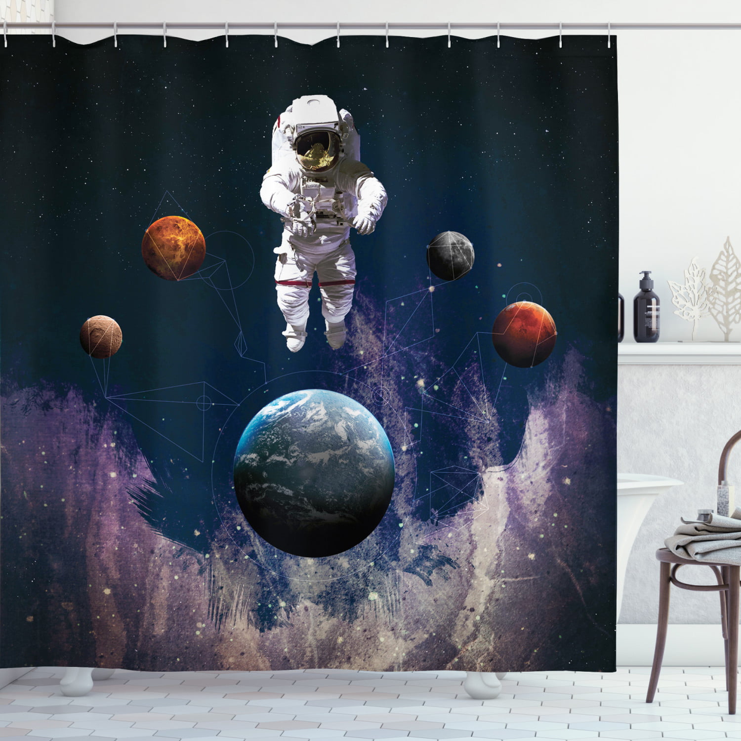 Astronaut flies on space shuttle Waterproof Fabric Shower Curtain Hooks Bath Mat 