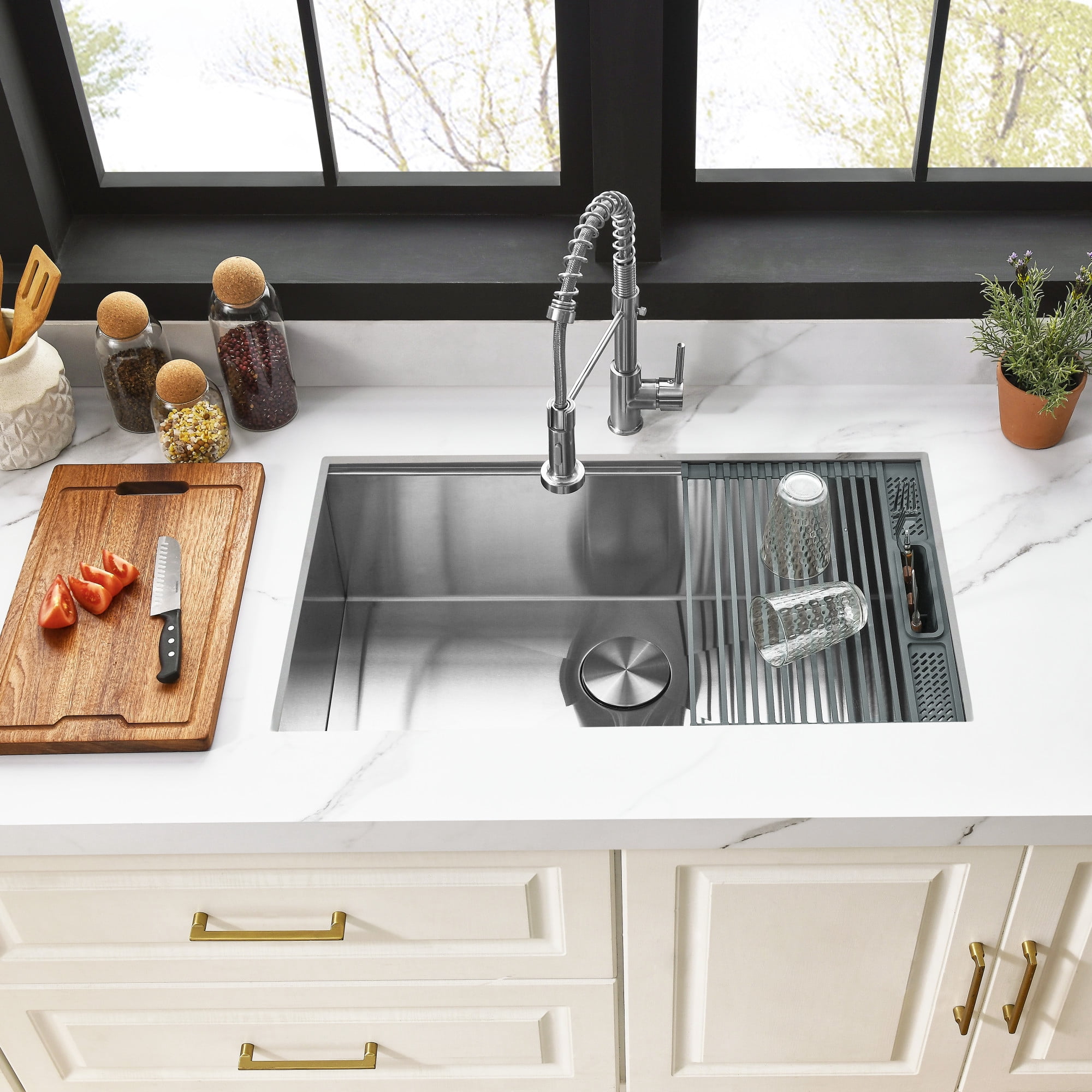 Kingston Brass GKUS321910 Uptowne 32-Inch Stainless Steel Single Bowl Undermount Kitchen Sink with 6-Piece Kitchen Accessory Set in Brushed