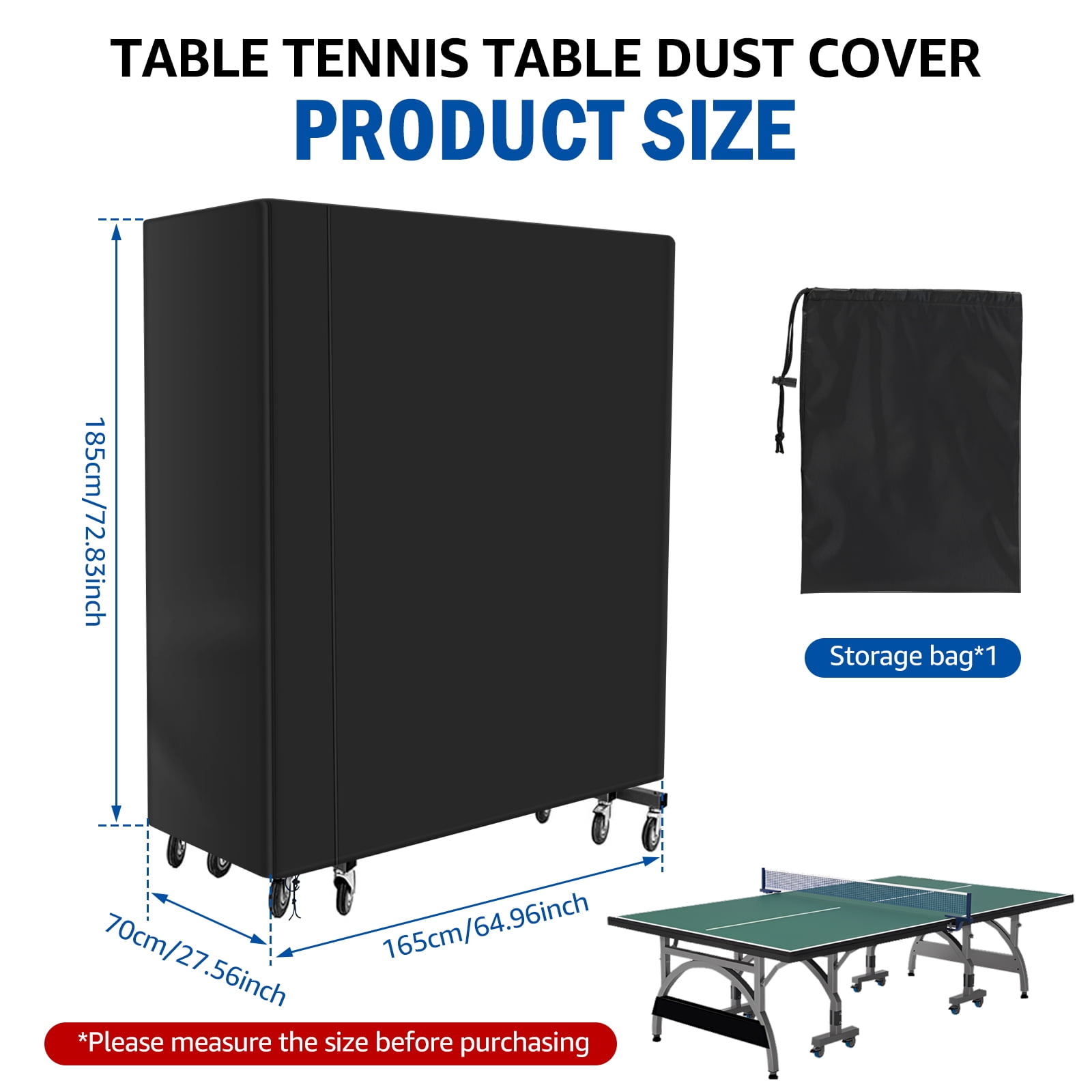 Cover for Folding Table Tennis Table Waterproof Windproof Heavy Duty Tear Resistant 210D Oxford Fabric 165 x 70 x 185cm, Black