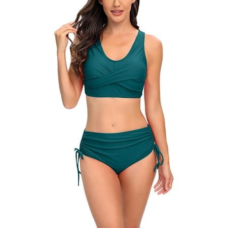 Women Two Vintage Swimsuit Retro Halter Ruched High Waist Bikini with Bottom Green1 XL