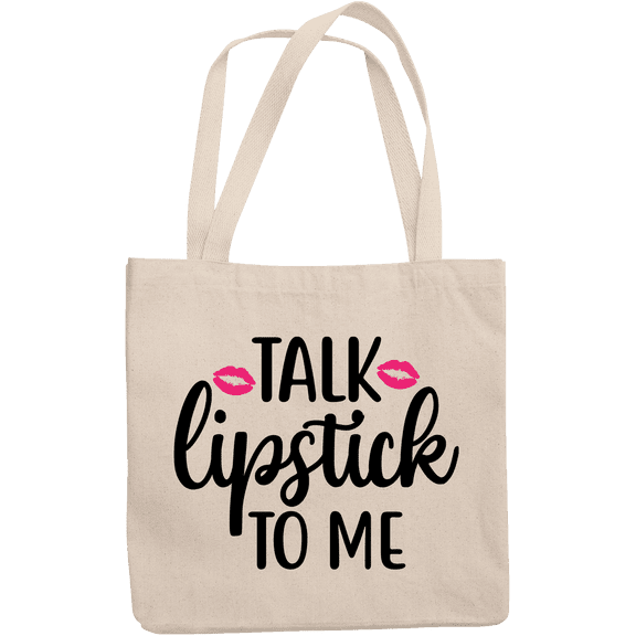 12oz Canvas Tote Bag - Talk Lipstick to Me Quote with Lips Design - Beauty Themed Merch for Makeup Artist or Cosmetologist, Gift for Makeup Lovers & Beauticians