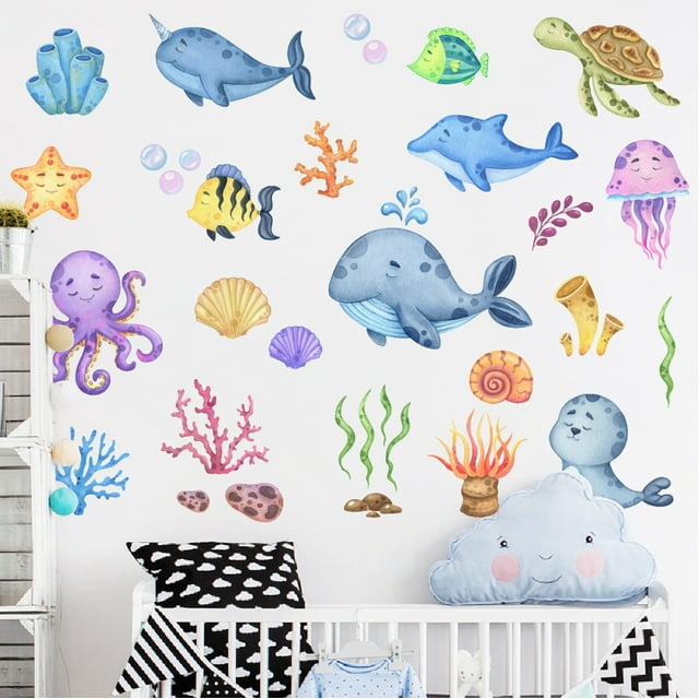 Pegatinas electrostáticas para ventanas de niños, pegatinas reutilizables para ventanas, pegatinas para ventanas, dormitorio infantil, baño, azulejos, peces, mar