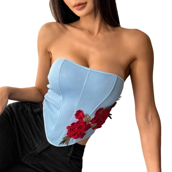 Felirenzacia Women's Y2K Vintage Strapless Overbust Corset Top Corset Boned Lace up Back Bodyshaper Crop Bandeau Top,Blue,L