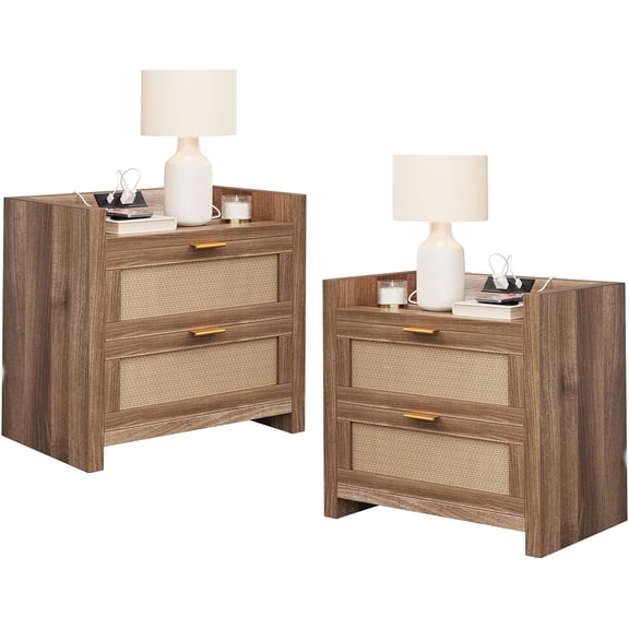 2025 New Rattan Nightstands Set of 2, Boho Side Table with 2 Drawers, Accent Bedside End Table with Open Shelf for Bedroom, Dorm and Small Spaces