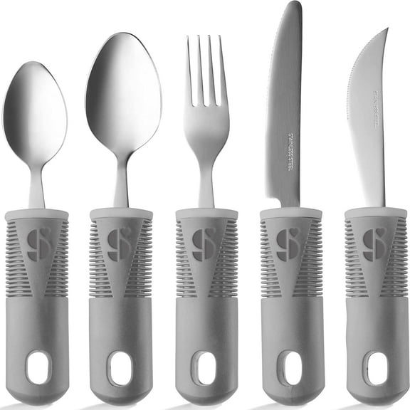 Special Supplies Adaptive Utensils (5-Piece Kitchen Set) Wide, Non-Weighted, Non-Slip Handles for Hand Tremors, Arthritis, Parkinson?s or Elderly Use - Stainless Steel Knives, Fork, Spoons - Gray