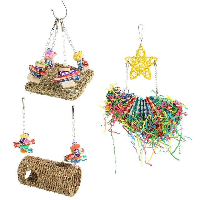 Hamaca colgante de bambú para loros, juguetes trituradores, columpio, túnel para loros y hámsteres.