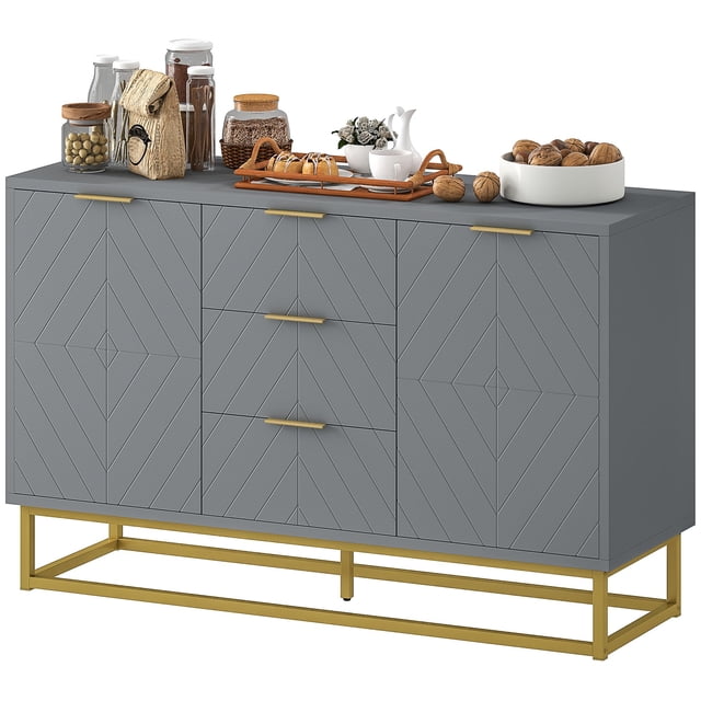 Grey Sideboard Storage Cabinet with 3 Drawers & Adjustable Shelves - Kitchen Buffet for Dining Room, 47.2" W