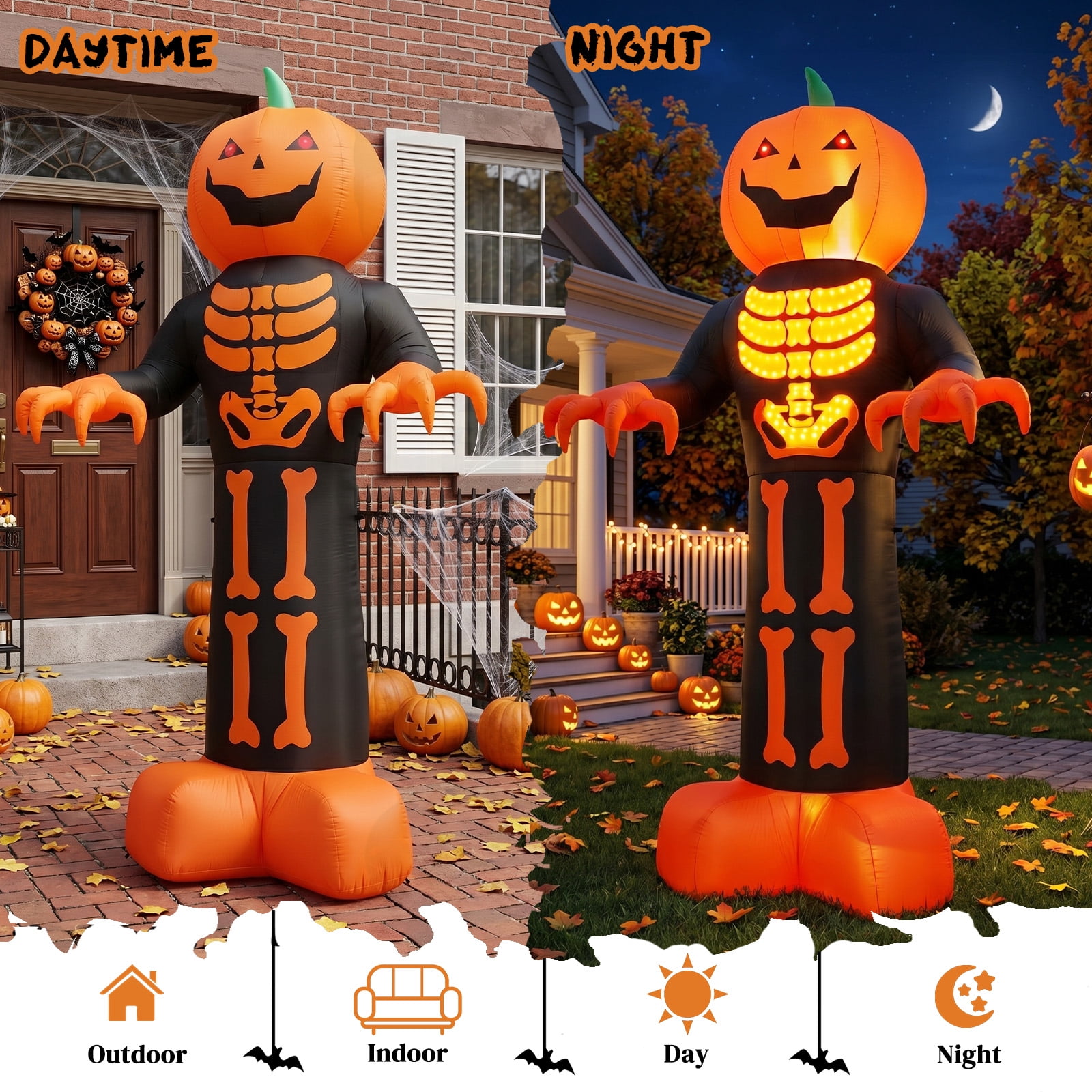 Astoutdoor 12 ft Inflatable Halloween Decoration with Skeleton Ribs, Pumpkin and Grim Reaper, 3 LED Lights and 115 Count String Lights, Black and Orange, 12V 2000mA US Power Adapter