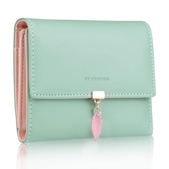 FT Funtor RFID Carteras para mujeres, carteras con bolsillo con cierre para mujeres con hojas, Verde (S-Green), Universal