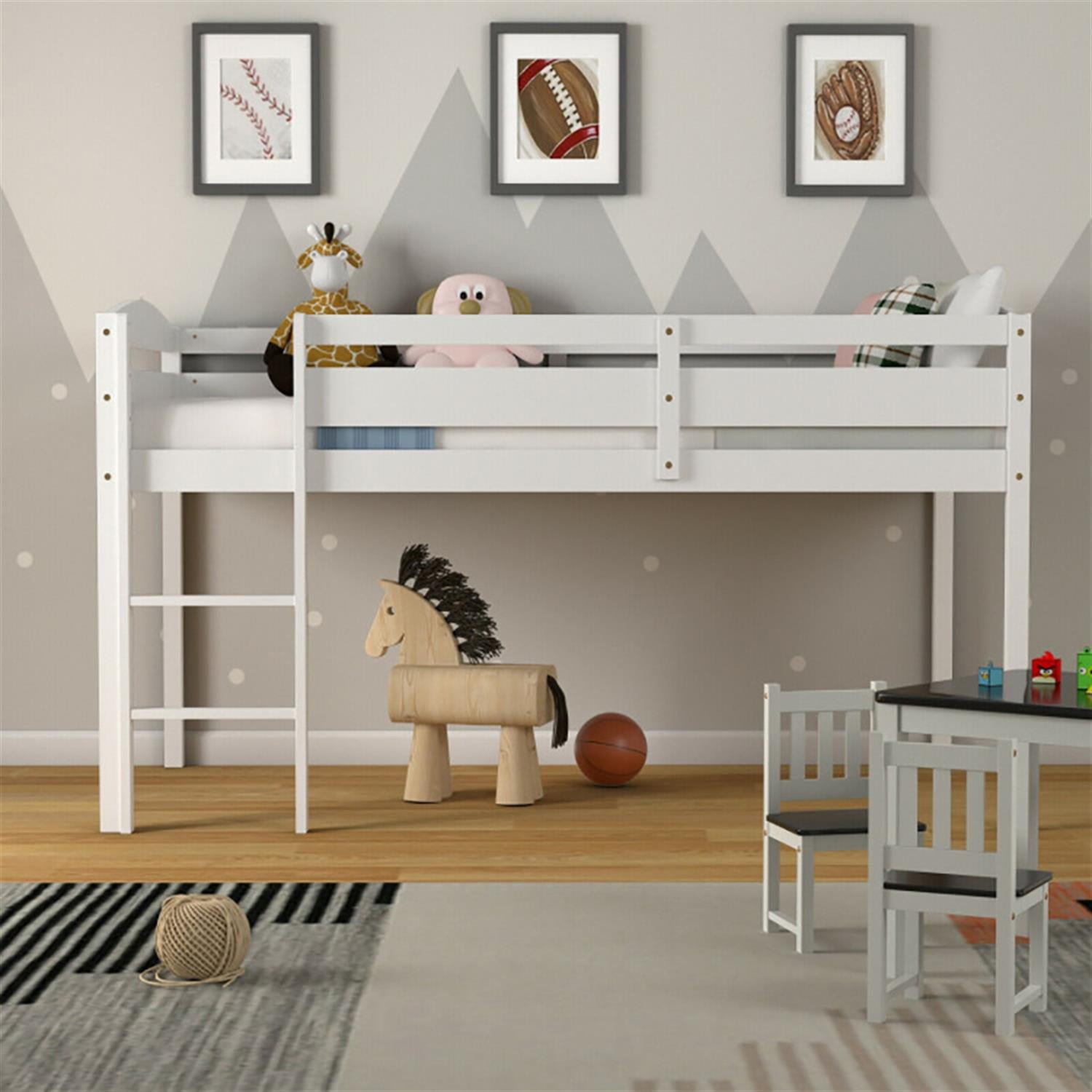 Demi Bonn Loft Bed Twin Size, Solid Wood Low Loft Bed with Guard Rail and Ladder, Modern Wooden Loft Bunk Bed Frame, White