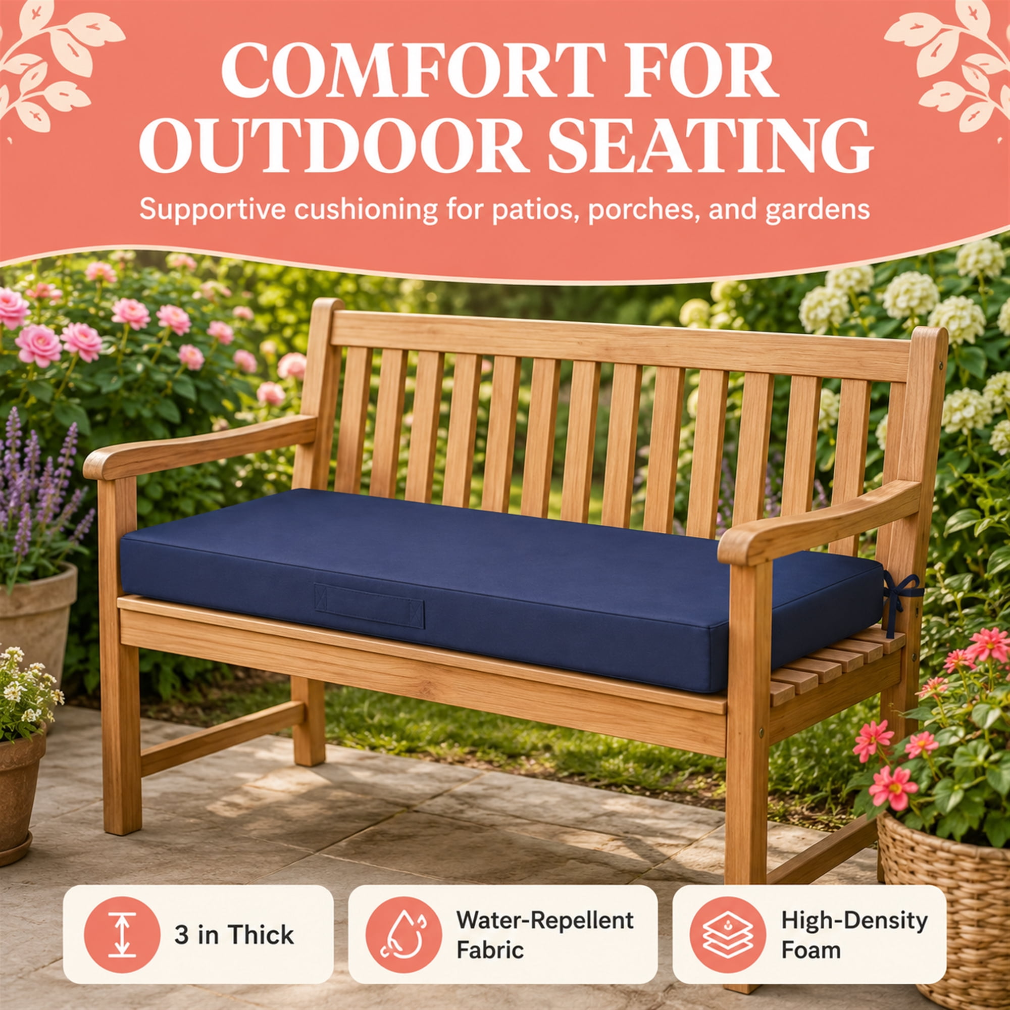 Millsilo 42" x 18" x 3" Outdoor Bench Cushion with Removable Cover, Water-Repellent UV Fade-Resistant Patio Cushion, High-Density Foam, Non-Slip Ties, Dark Blue
