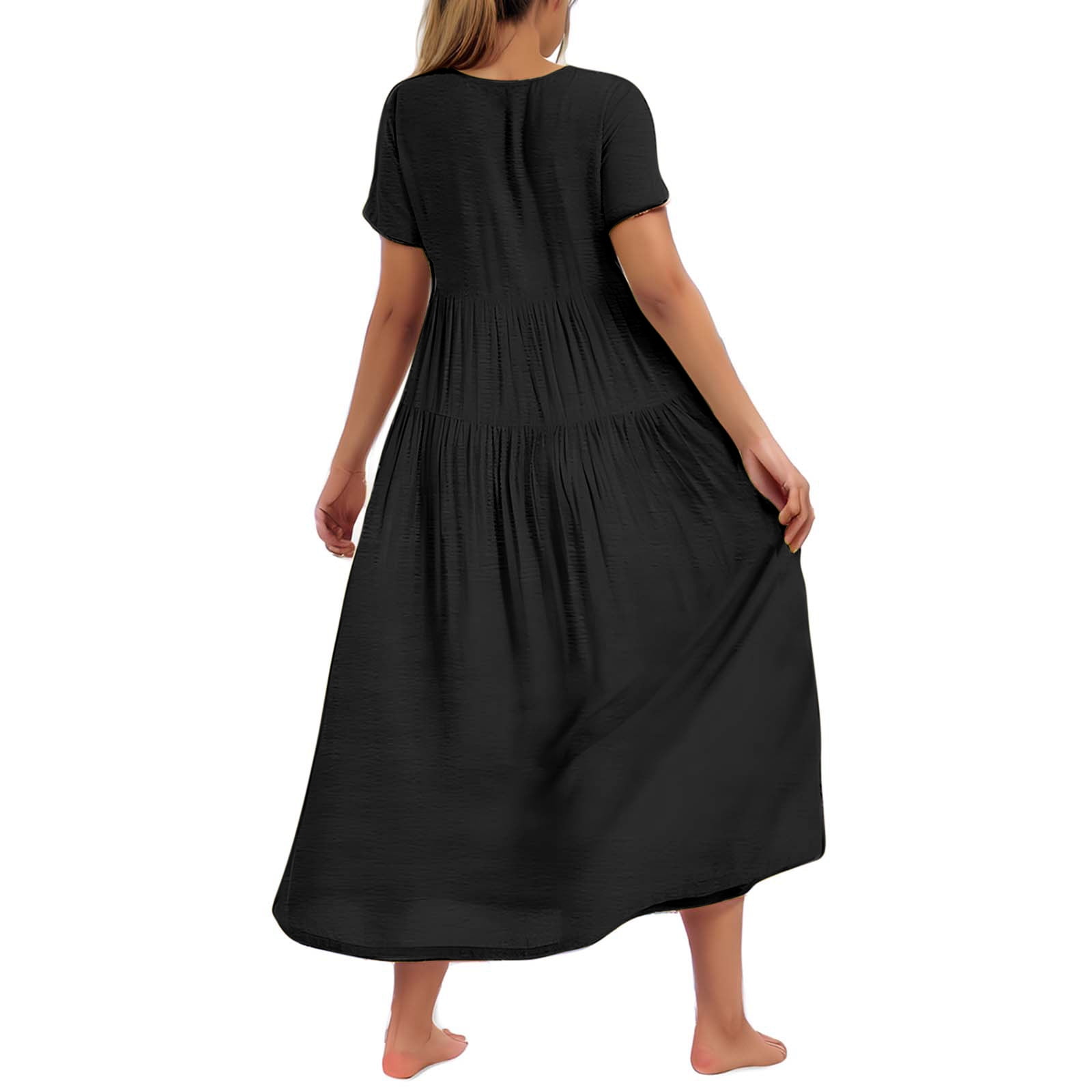 Hueook Casual Dresses for Women Women's Flower Solid Color Casual Short Sleeve Crewneck Dress Casual Flowy Tiered Maxi Beach Dress Black 2X