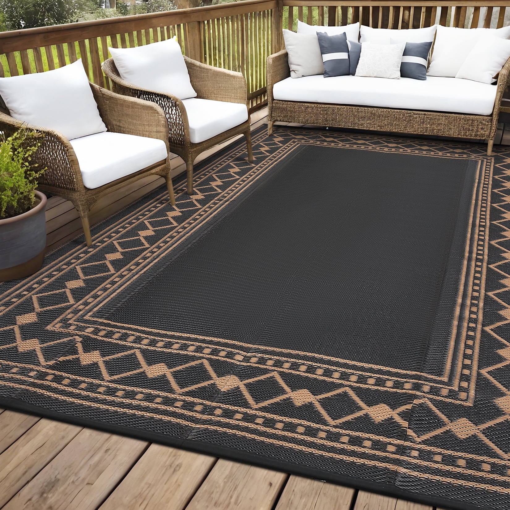 Garvee 9'x18' Outdoor Rug Modern Bordered Geometric Rug Waterproof Reversible Plastic Straw Rug for Patio Camping RV Balcony Backyard, Black Brown