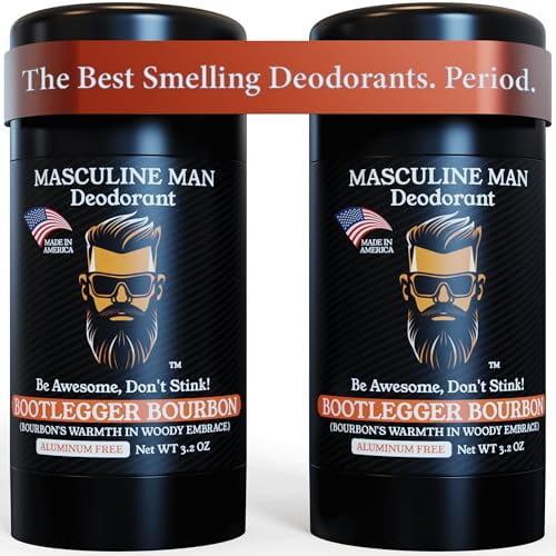 MASCULINE MAN Deodorant for Men - Aluminum Free, Mens Deodorant, Natural Ingredients, Best Smelling, 24-Hour Protection, Stain Free, Travel Size, Made in USA 2 Pack - 3.2oz (BOOTLEGGER BOURBON)