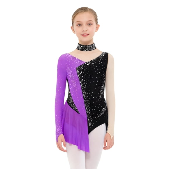 Rswnyirn Figure Ice Skating Dress for Girls Lyrical Dance Dress High-low Tutu Skirt Modern Contemporary Dancewear Purple 10