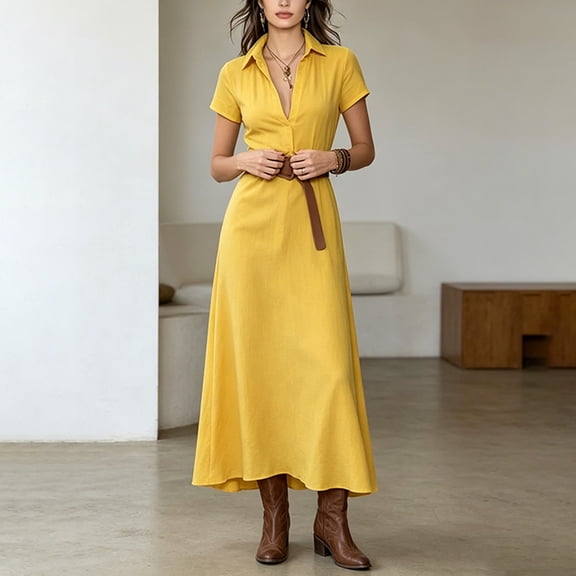 Morttic Women's Shirt Dress with Belt – Short Sleeve Solid Color Summer Casual A-Line Maxi Dress for Office & Daily Wear Yellow,S