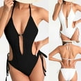 thumbnail image 6 of Xfvqtps One Piece Swimsuit for Women Halter Deep V Neck Side Tie High Cut Back Lace up Backless Front Ring Hollow Waist Striped Texture Solid Color Beach Summer Bathing Suit Swimwear White, 6 of 6