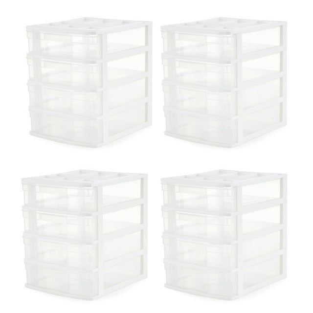 Gracious Living 4 Drawer Desktop Storage w/ Organizer Lid, White (4 Pack)