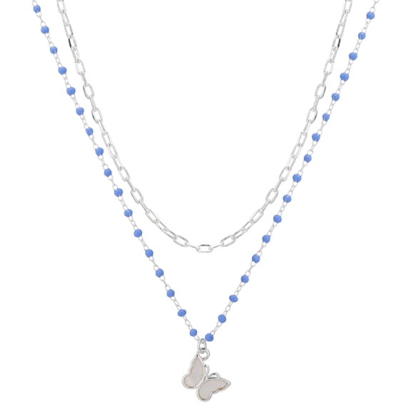 Women's Fine Silver Plated Genuine Mother of Pearl Butterfly Layered Pendant Necklace