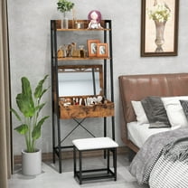 Costway Vanity Table Set Flip Top Mirror Ladder Storage Shelf Cushioned Stool Rustic