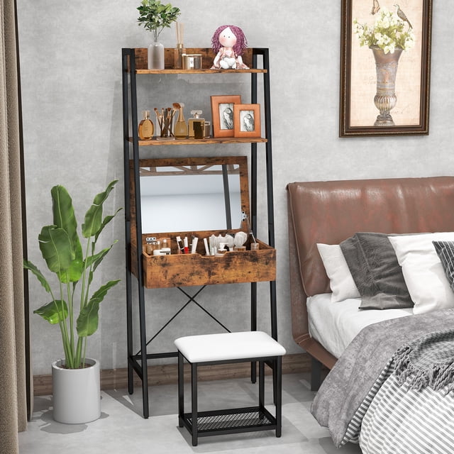Costway Juego de mesa de tocador, escritorio de tocador con escalera con espejo de maquillaje abatible, compartimentos de almacenamiento ocultos, taburete acolchado, dormitorio