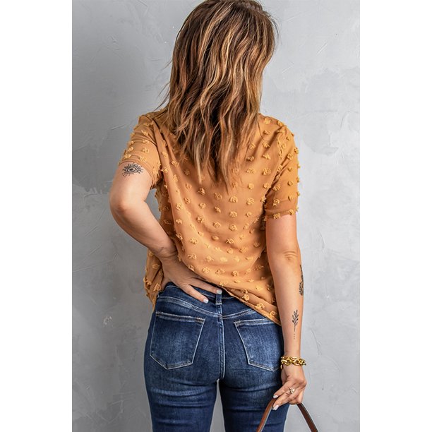 ABPHQTO Camiseta de manga corta con textura de lunares suizos marrón para mujer