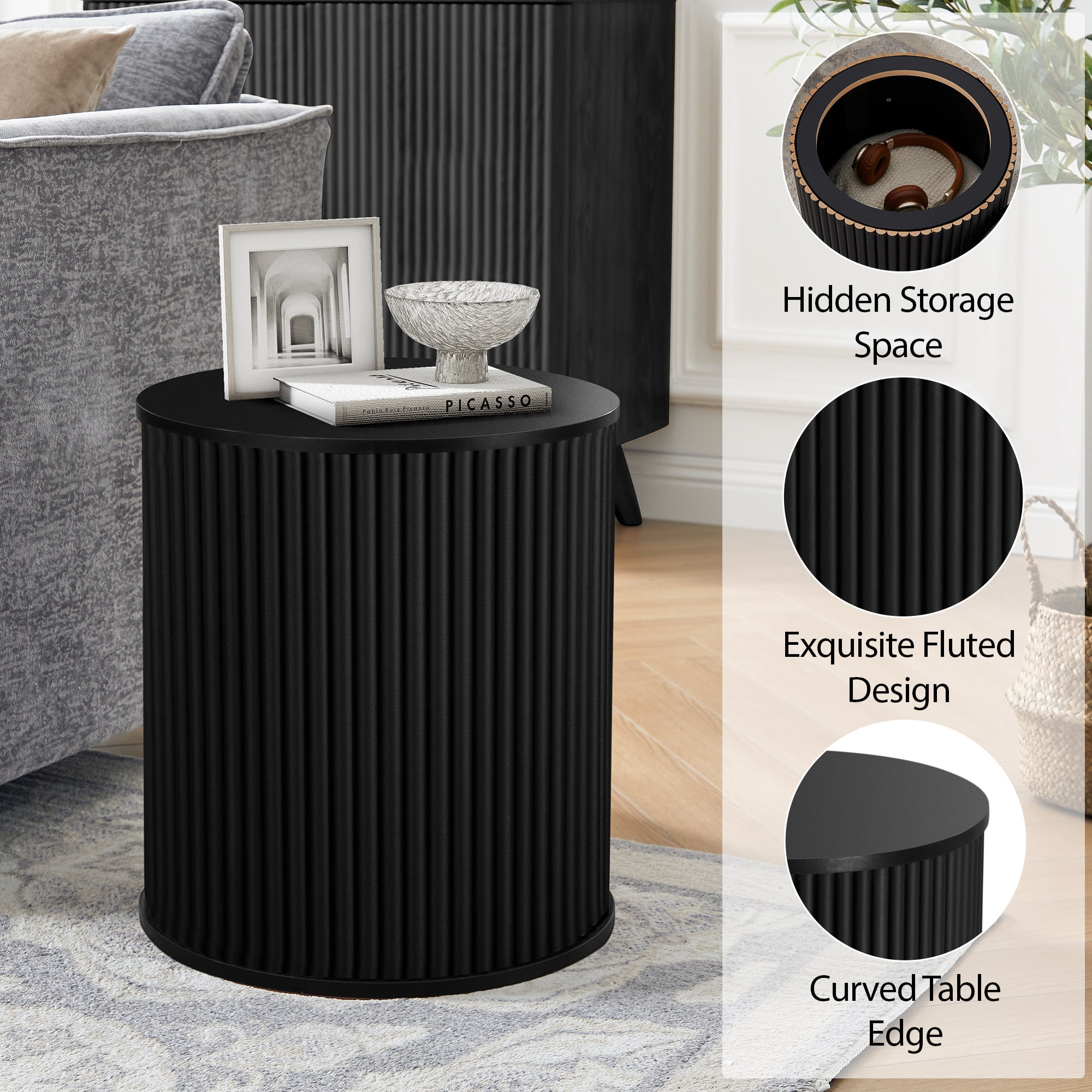 Wirrytor Round Side Table for living room, Fluted End Table for Small Spaces, Mid Century Modern Small Accent Tables, Bedside Table, Couch Side Table, Nightstand for Bedroom Couch,Black