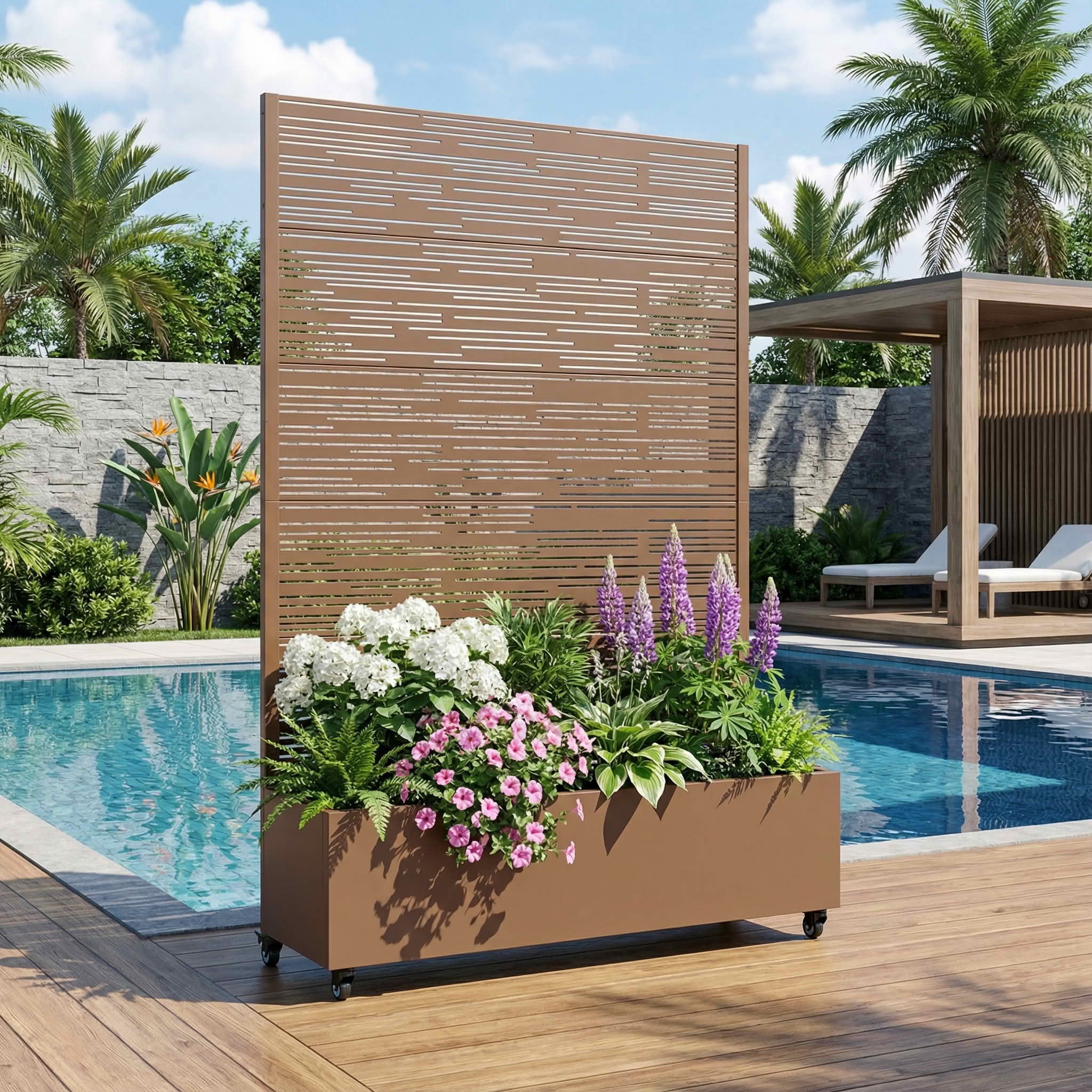 MAYEERTY 72X47" Metal Outdoor Brown Privacy Screen with Planter Box for Backyard & Garden, 5 Piece Set