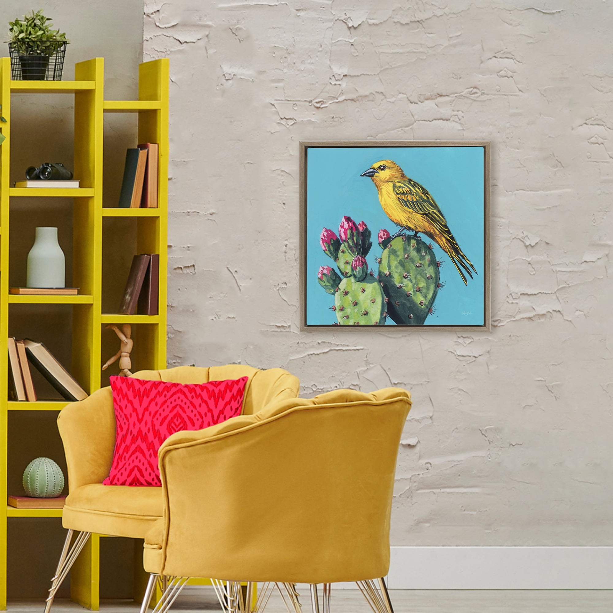 Stupell Industries Yellow Bird on Cacti Bloom Brown Framed Floater Canvas Wall Art, design by Kate Jarvik Birch
